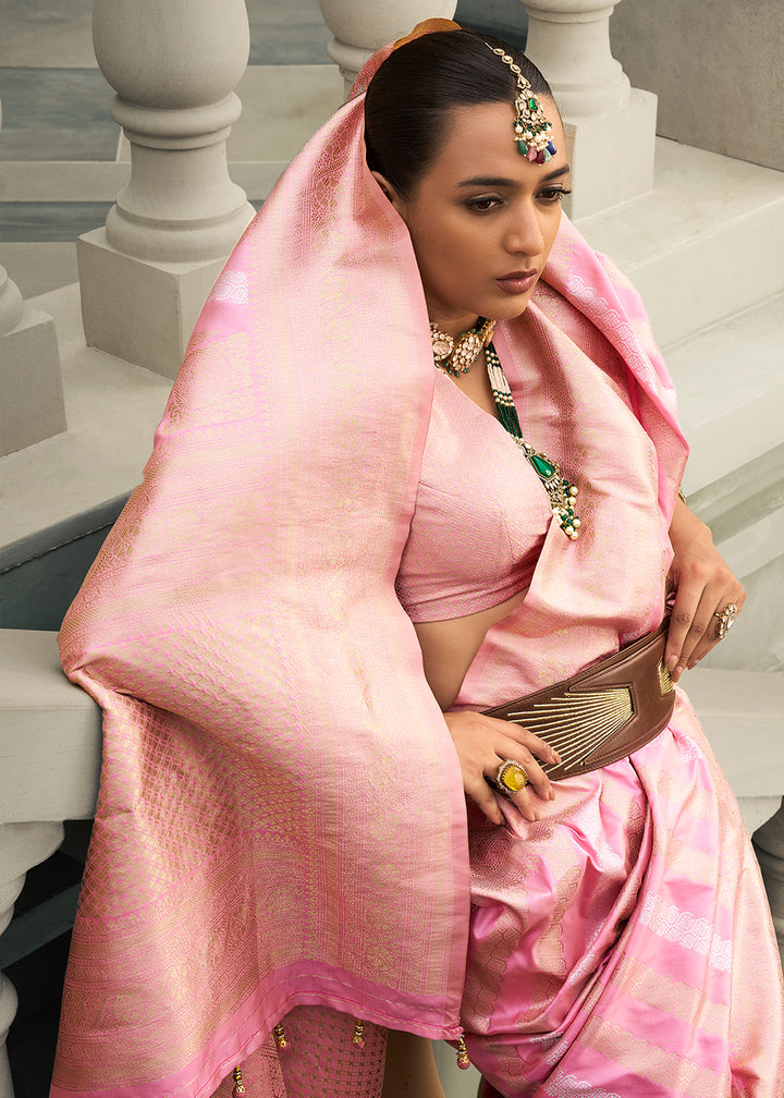 Baby Pink Viscose Banarasi Silk Saree with Intricate Jaal Weaving & Brocade Blouse