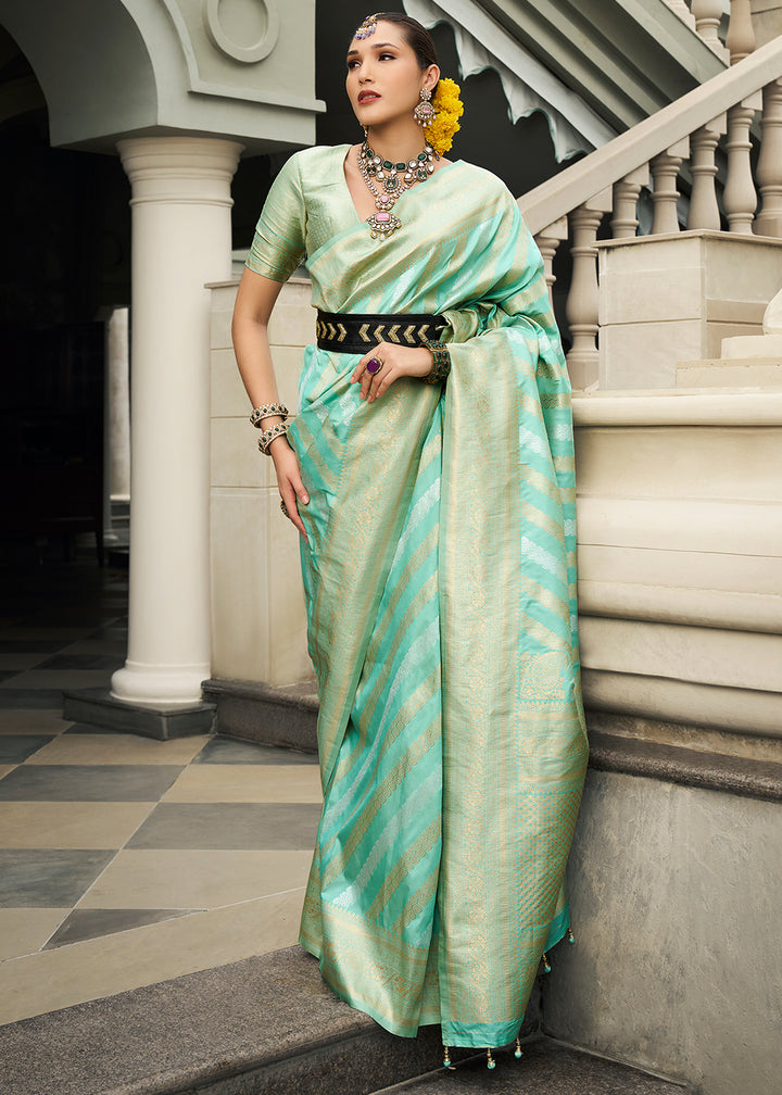 Bermuda Green Viscose Banarasi Silk Saree with Intricate Jaal Weaving & Brocade Blouse