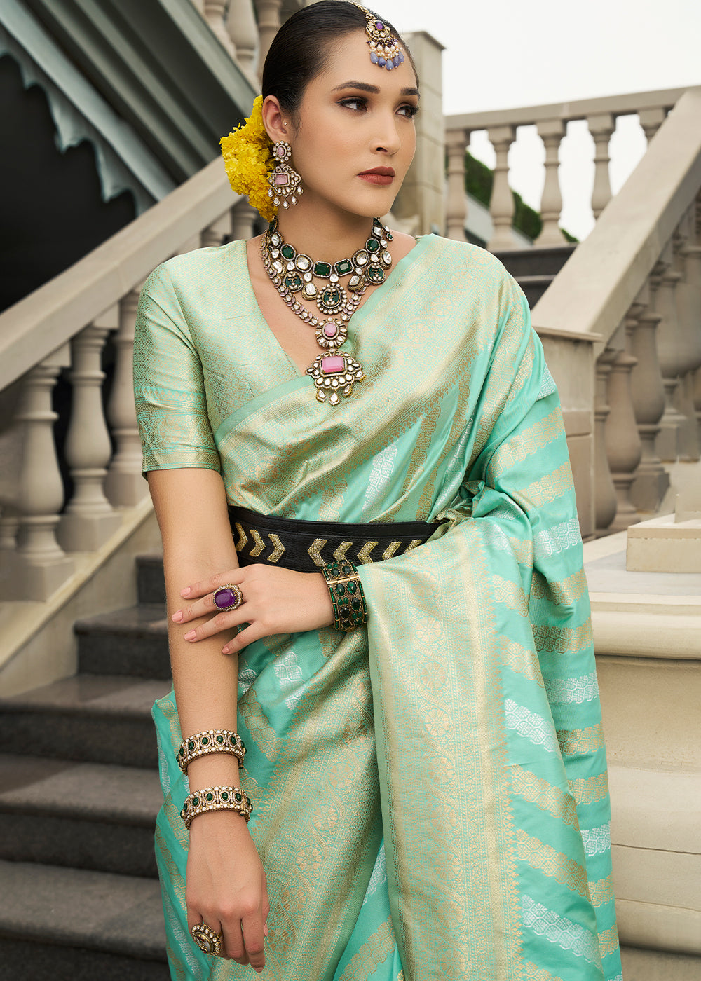 Bermuda Green Viscose Banarasi Silk Saree with Intricate Jaal Weaving & Brocade Blouse