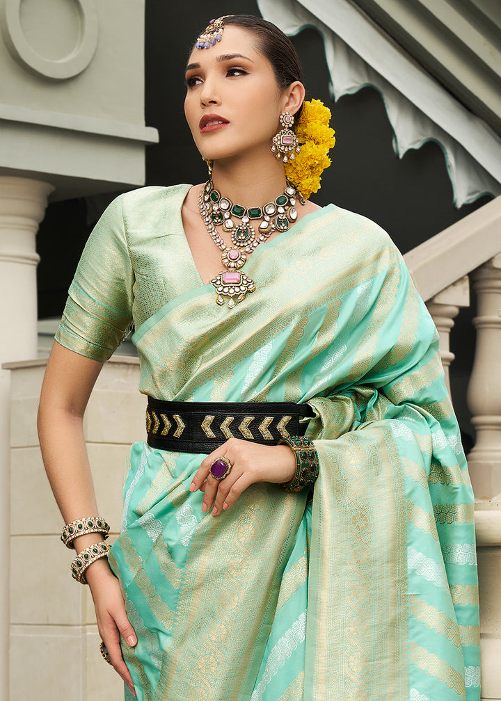 Bermuda Green Viscose Banarasi Silk Saree with Intricate Jaal Weaving & Brocade Blouse