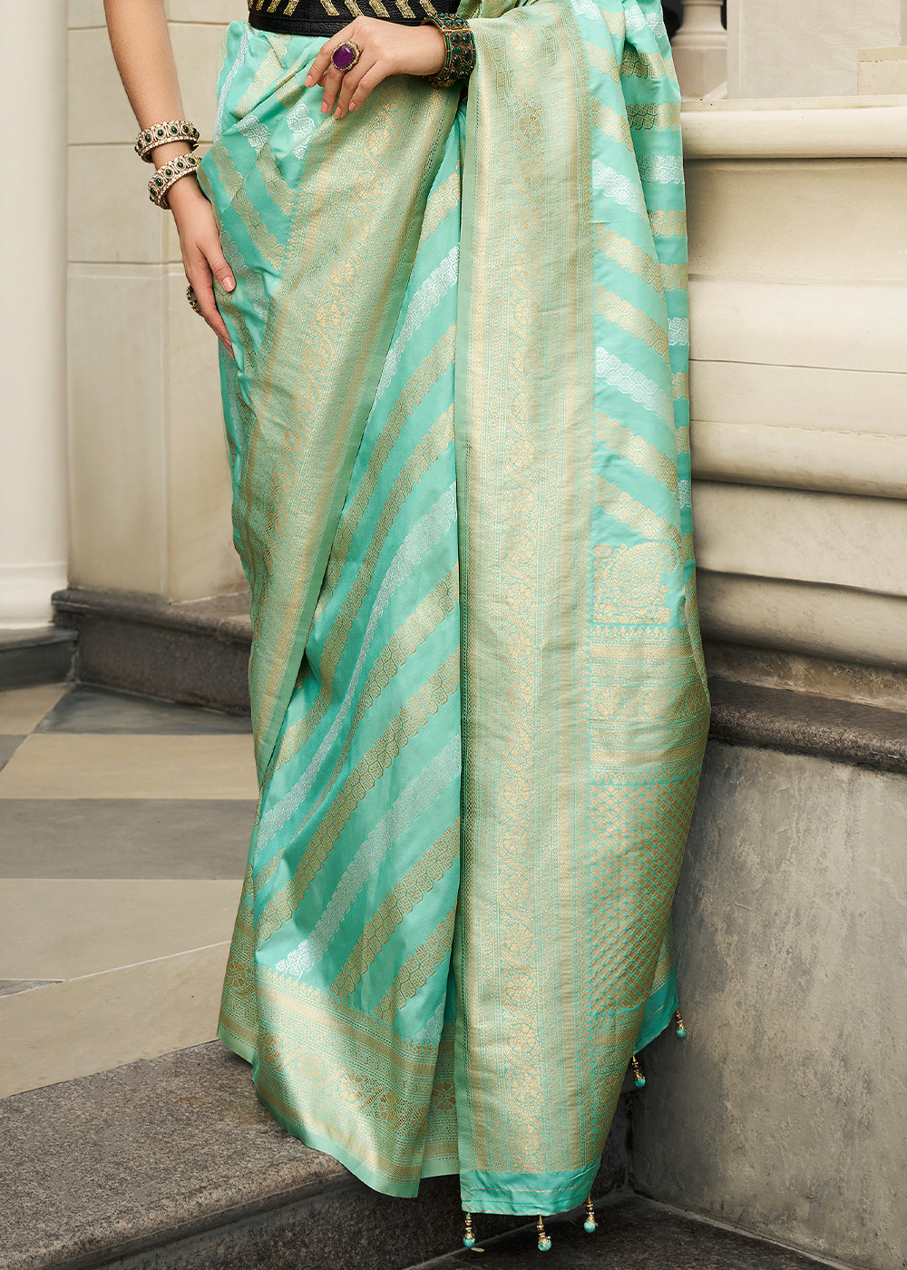 Bermuda Green Viscose Banarasi Silk Saree with Intricate Jaal Weaving & Brocade Blouse