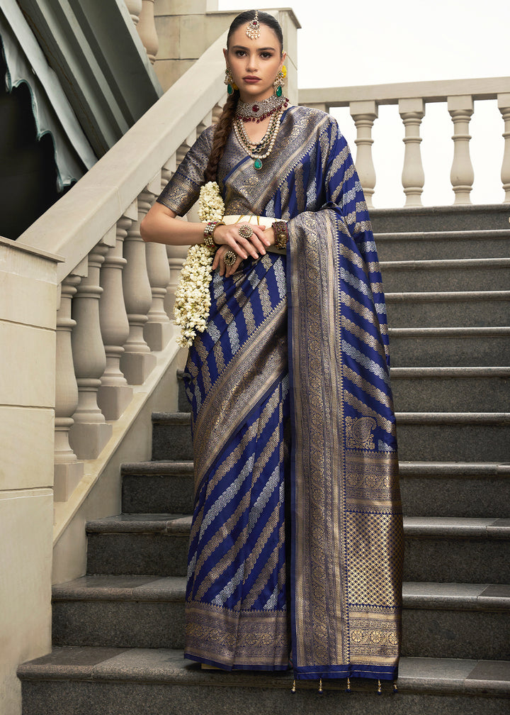 Indigo Blue Viscose Banarasi Silk Saree with Intricate Jaal Weaving & Brocade Blouse