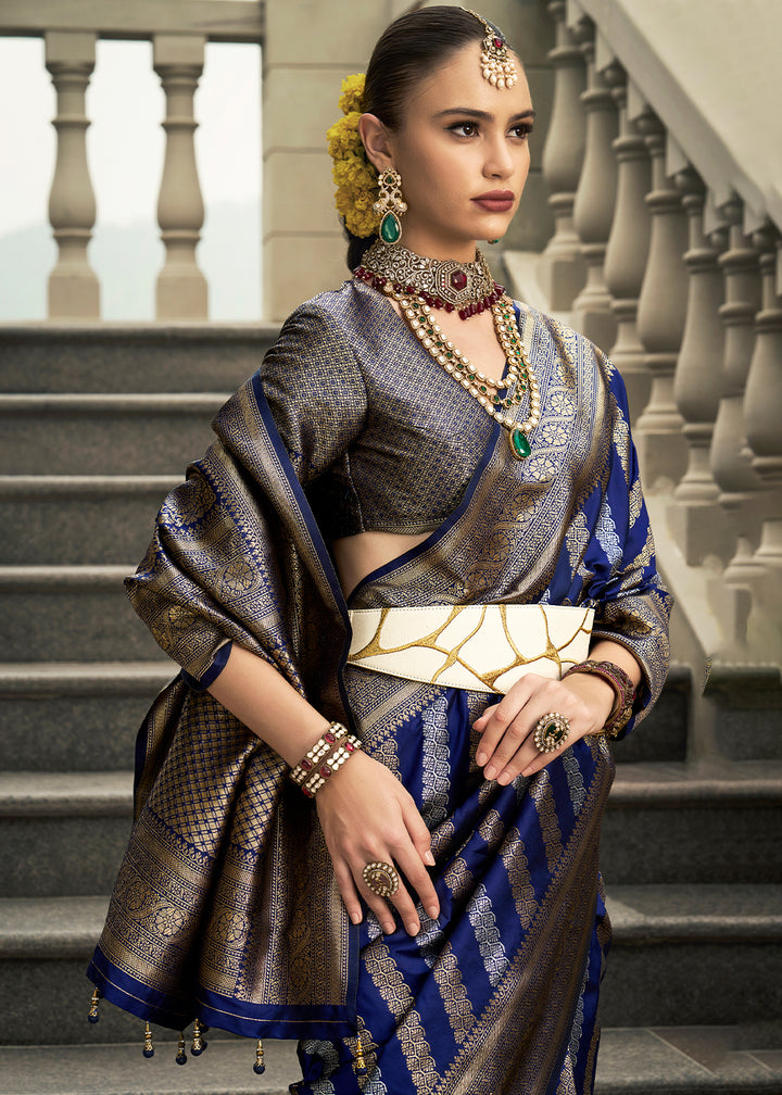 Indigo Blue Viscose Banarasi Silk Saree with Intricate Jaal Weaving & Brocade Blouse