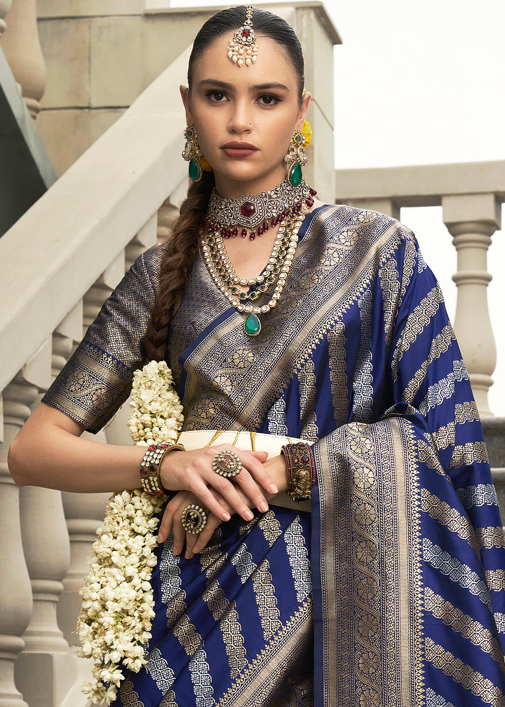 Indigo Blue Viscose Banarasi Silk Saree with Intricate Jaal Weaving & Brocade Blouse