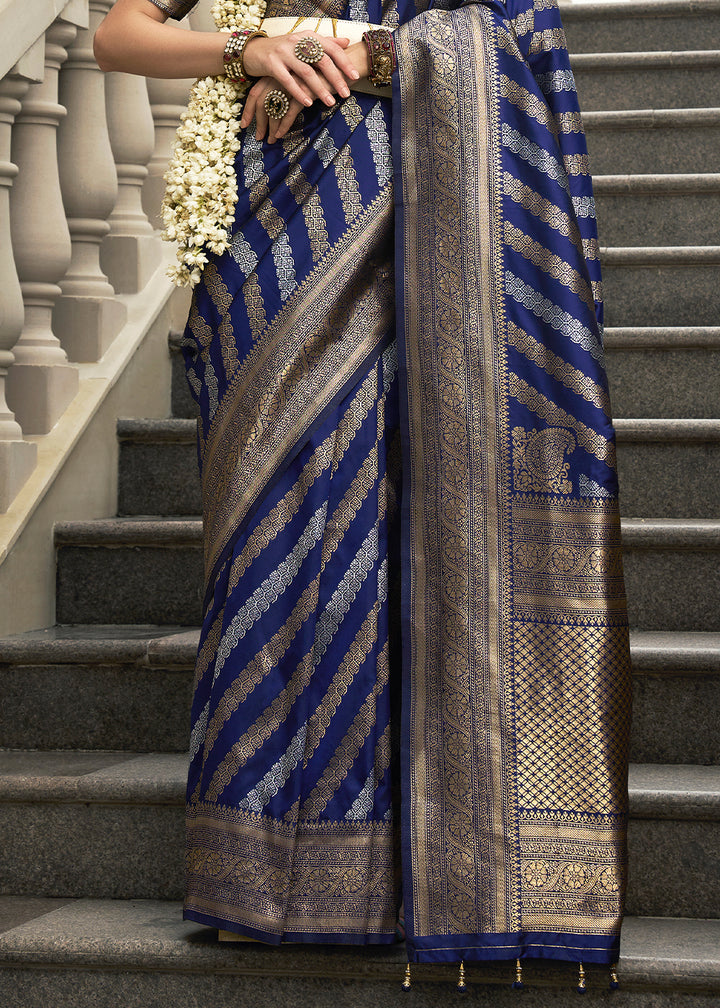 Indigo Blue Viscose Banarasi Silk Saree with Intricate Jaal Weaving & Brocade Blouse