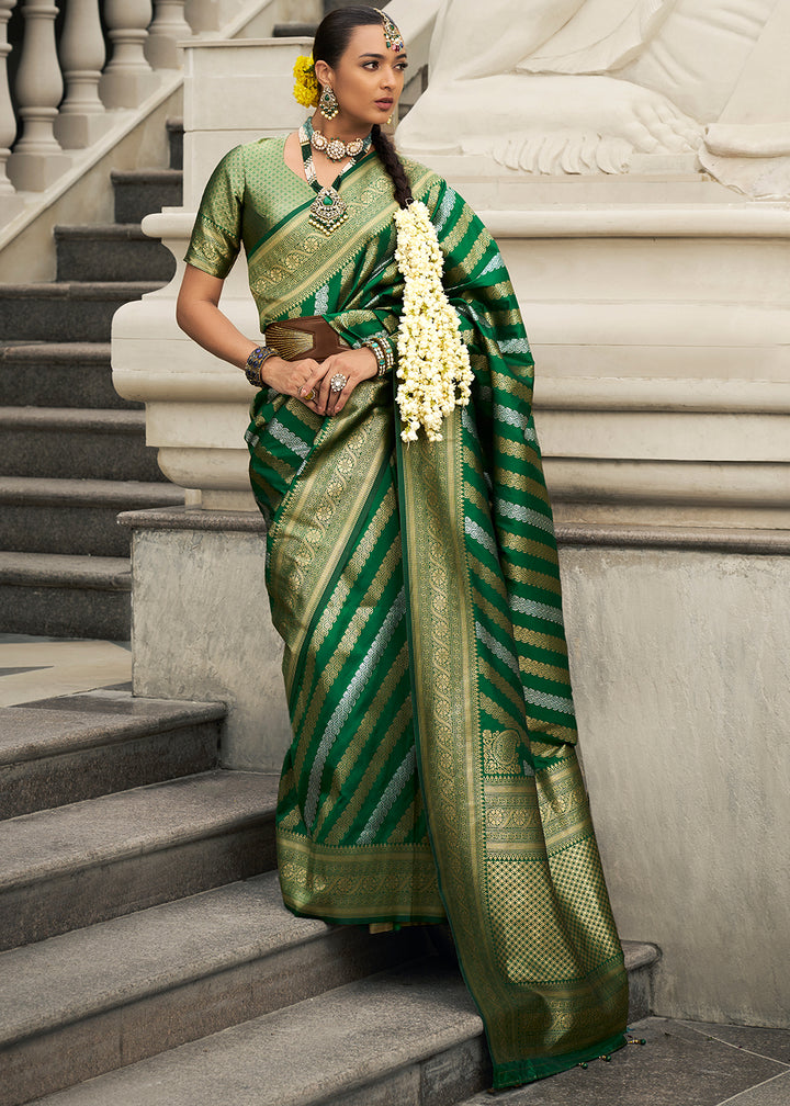 Shades Of Green Viscose Banarasi Silk Saree with Intricate Jaal Weaving & Brocade Blouse