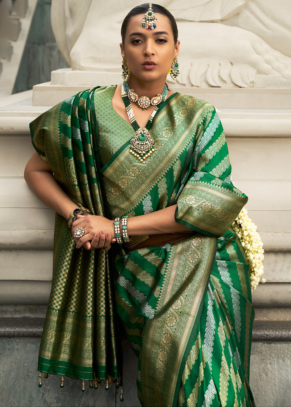 Shades Of Green Viscose Banarasi Silk Saree with Intricate Jaal Weaving & Brocade Blouse