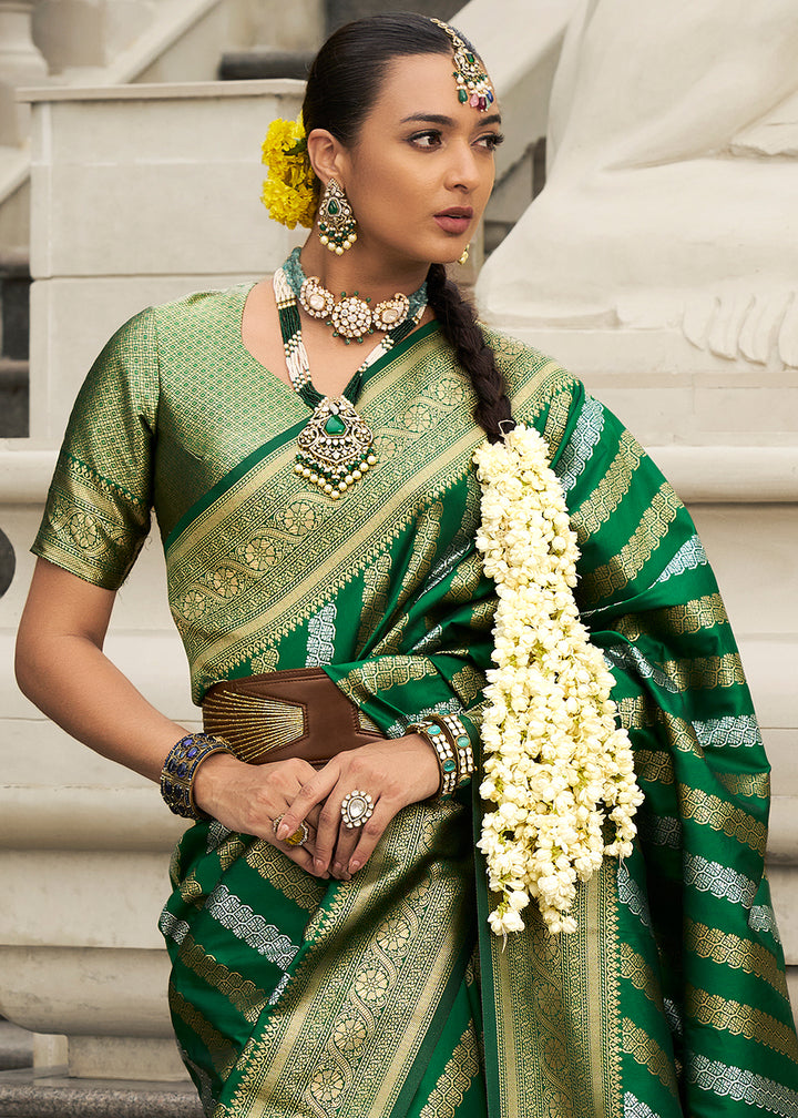 Shades Of Green Viscose Banarasi Silk Saree with Intricate Jaal Weaving & Brocade Blouse