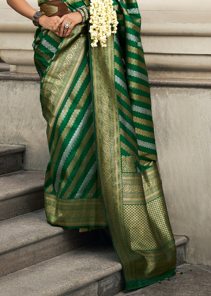 Shades Of Green Viscose Banarasi Silk Saree with Intricate Jaal Weaving & Brocade Blouse