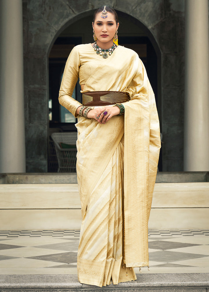 Beige Brown Viscose Banarasi Silk Saree with Intricate Jaal Weaving & Brocade Blouse