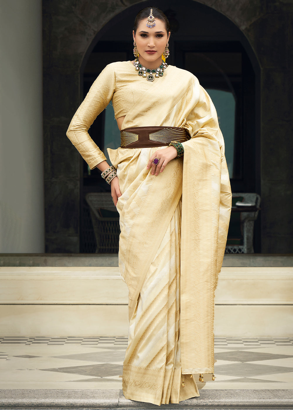 Beige Brown Viscose Banarasi Silk Saree with Intricate Jaal Weaving & Brocade Blouse