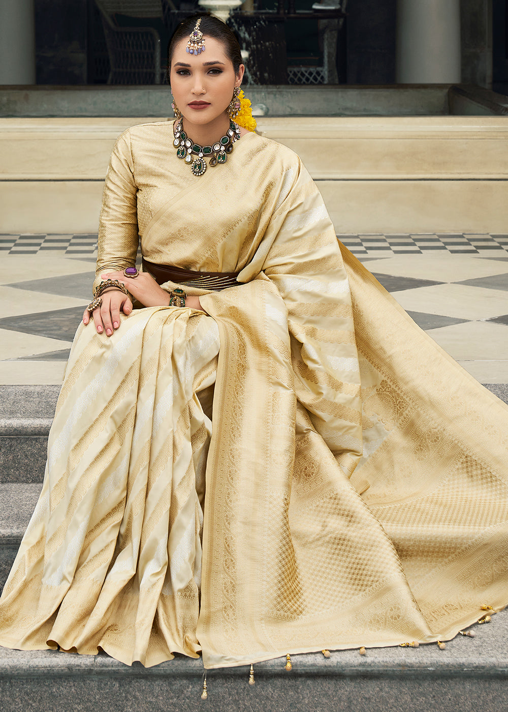 Beige Brown Viscose Banarasi Silk Saree with Intricate Jaal Weaving & Brocade Blouse