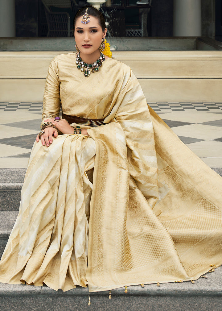 Beige Brown Viscose Banarasi Silk Saree with Intricate Jaal Weaving & Brocade Blouse