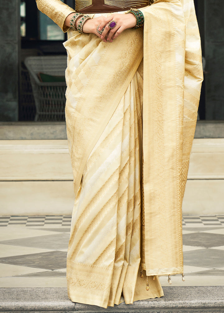 Beige Brown Viscose Banarasi Silk Saree with Intricate Jaal Weaving & Brocade Blouse