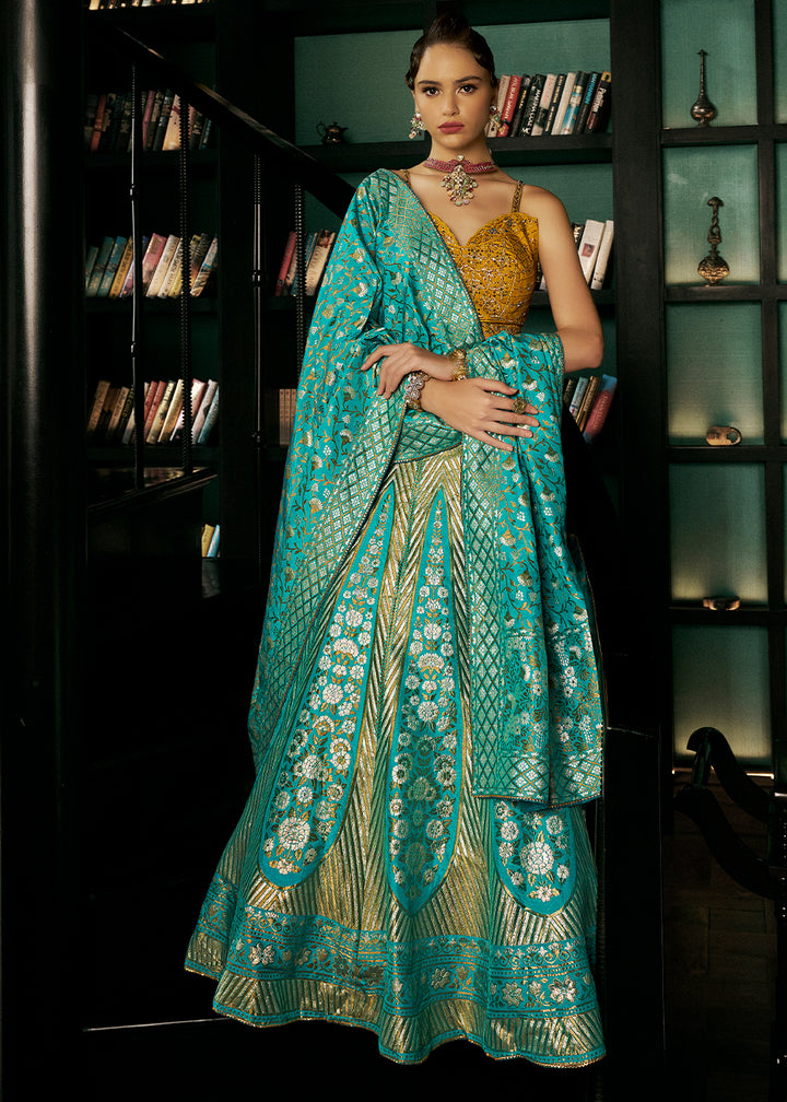 Turquoise Blue Bridal Lehenga Choli with Intricate Embroidery on Banarasi Silk