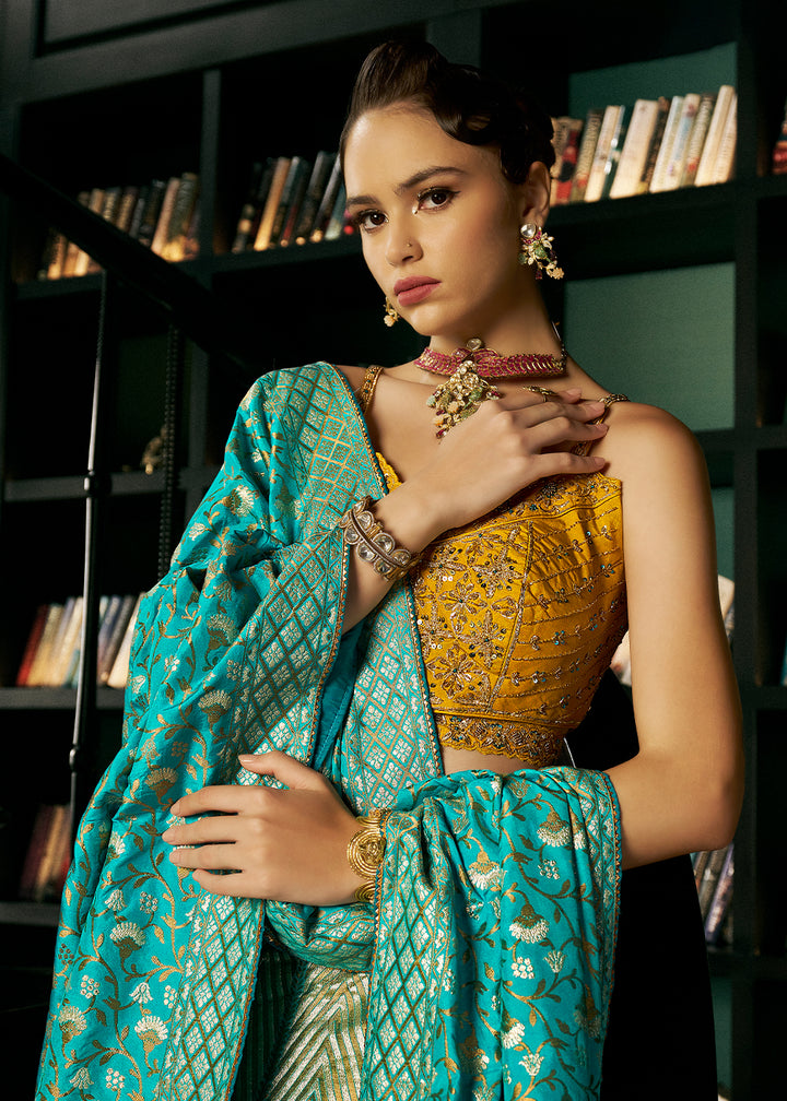 Turquoise Blue Bridal Lehenga Choli with Intricate Embroidery on Banarasi Silk