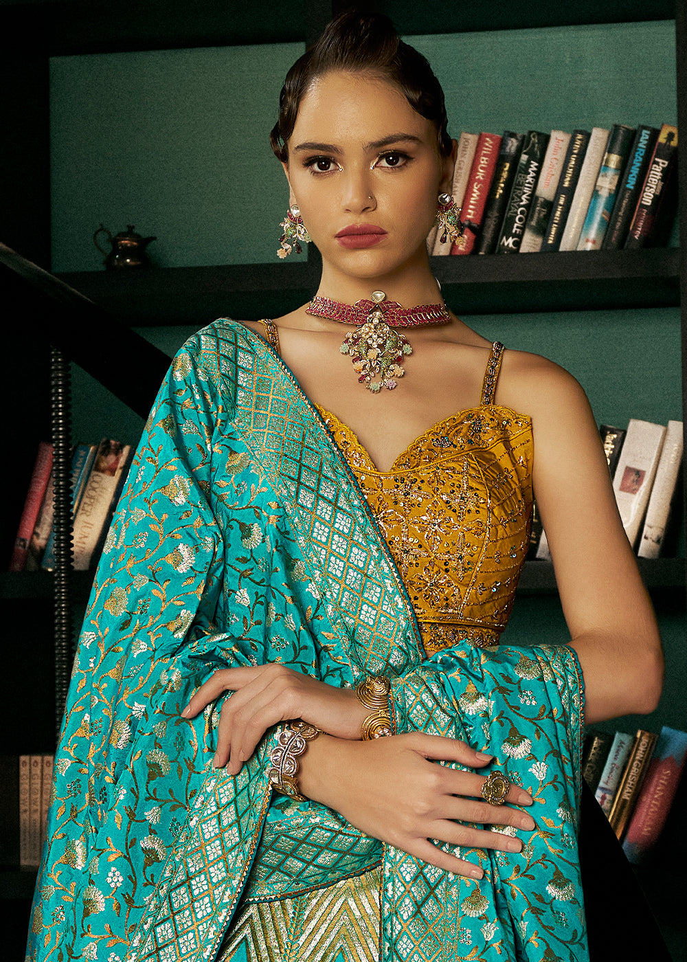 Turquoise Blue Bridal Lehenga Choli with Intricate Embroidery on Banarasi Silk