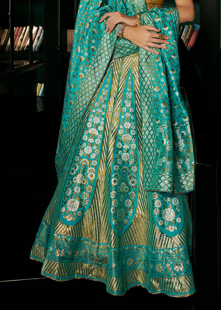 Turquoise Blue Bridal Lehenga Choli with Intricate Embroidery on Banarasi Silk