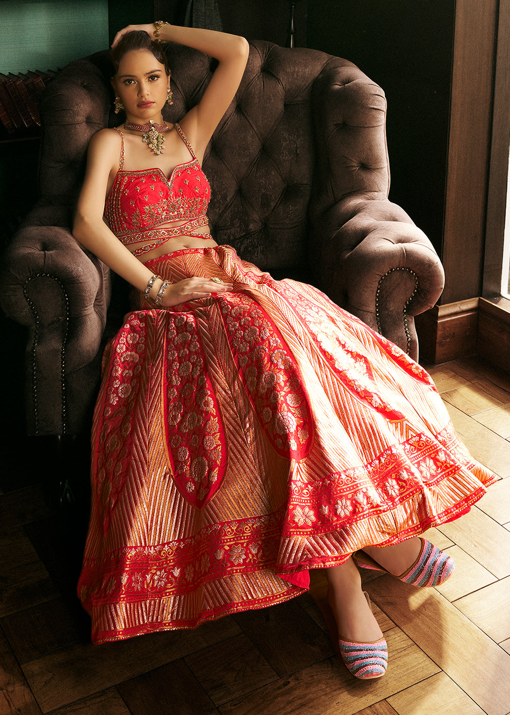 Shades of Red Bridal Lehenga Choli with Intricate Embroidery on Banarasi Silk