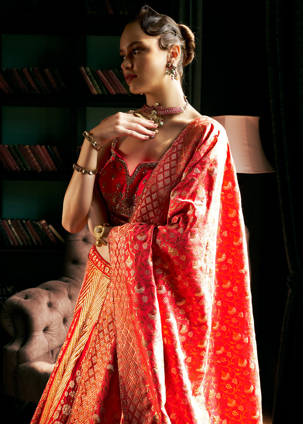 Shades of Red Bridal Lehenga Choli with Intricate Embroidery on Banarasi Silk