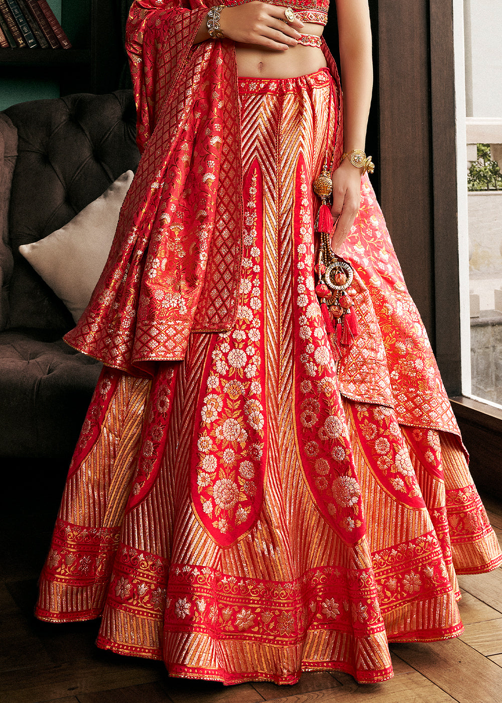 Shades of Red Bridal Lehenga Choli with Intricate Embroidery on Banarasi Silk