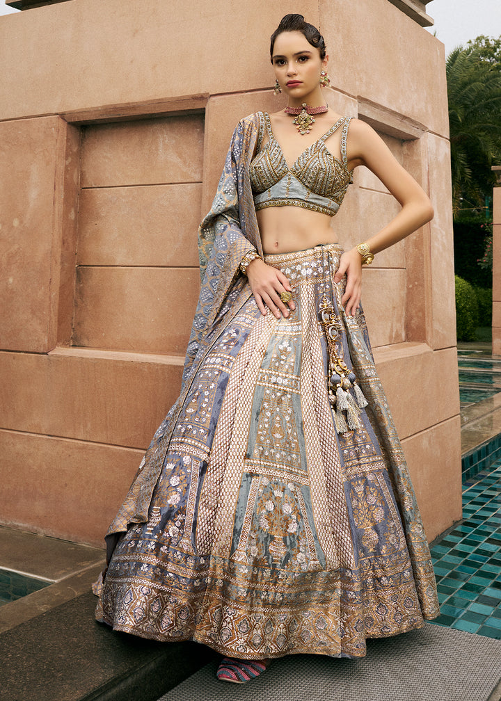 Shades of Grey Bridal Lehenga Choli with Intricate Embroidery on Banarasi Silk