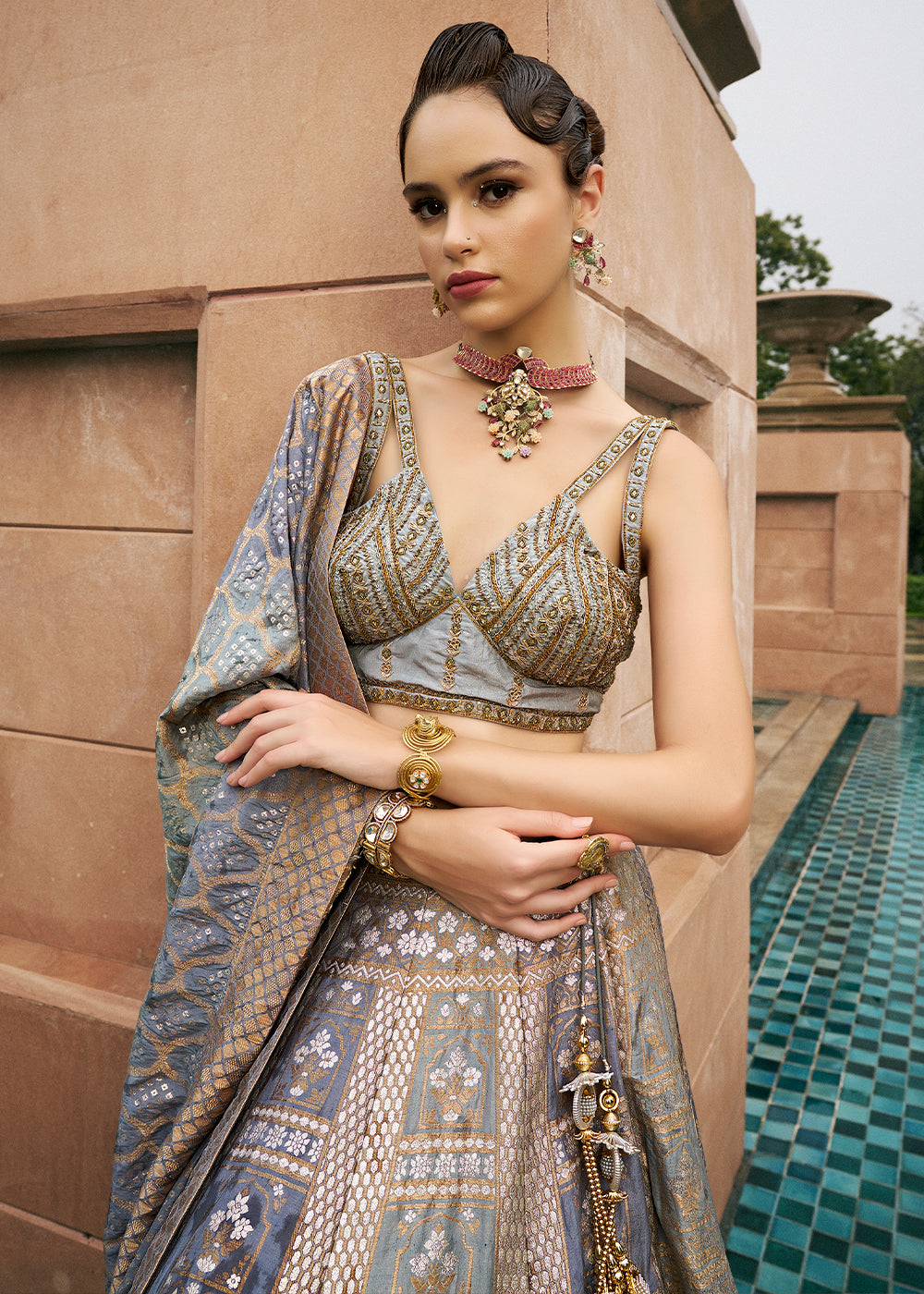 Shades of Grey Bridal Lehenga Choli with Intricate Embroidery on Banarasi Silk