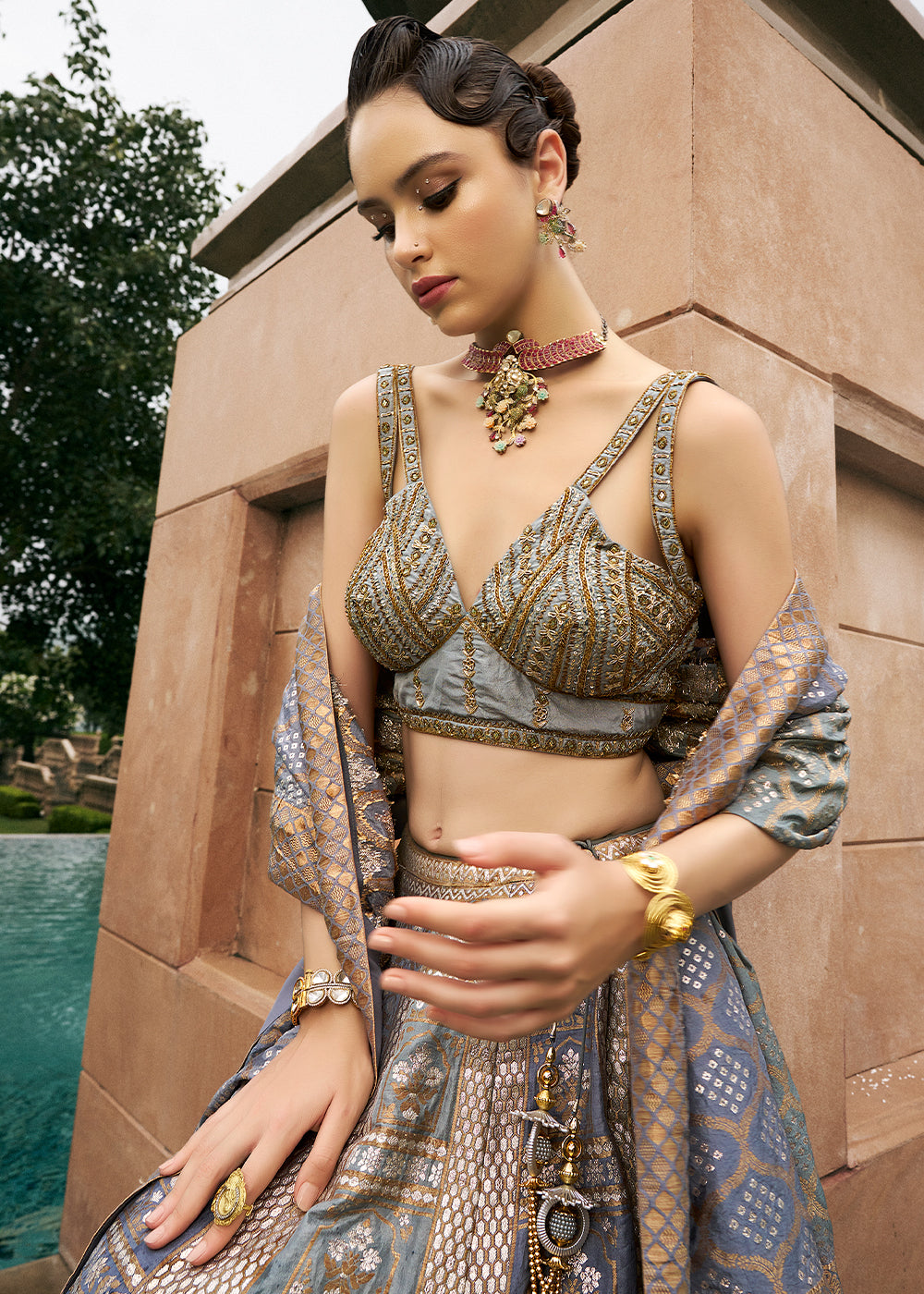 Shades of Grey Bridal Lehenga Choli with Intricate Embroidery on Banarasi Silk