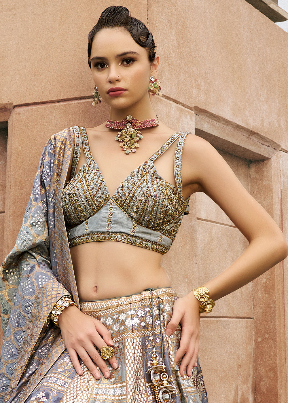 Shades of Grey Bridal Lehenga Choli with Intricate Embroidery on Banarasi Silk