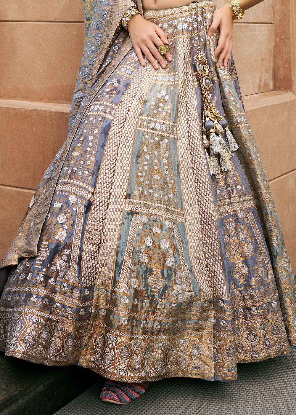 Shades of Grey Bridal Lehenga Choli with Intricate Embroidery on Banarasi Silk