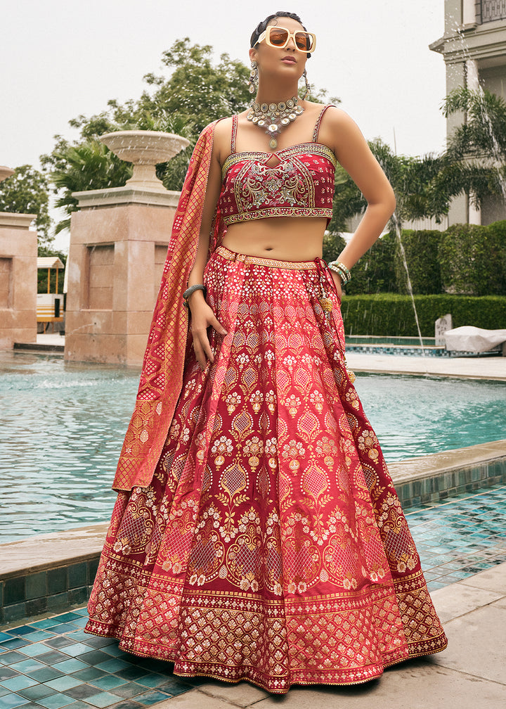 Pink & Brown Bridal Lehenga Choli with Intricate Embroidery on Banarasi Silk