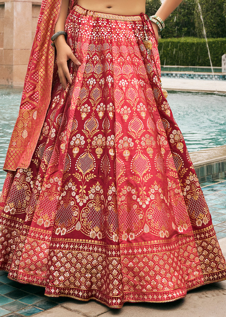 Pink & Brown Bridal Lehenga Choli with Intricate Embroidery on Banarasi Silk