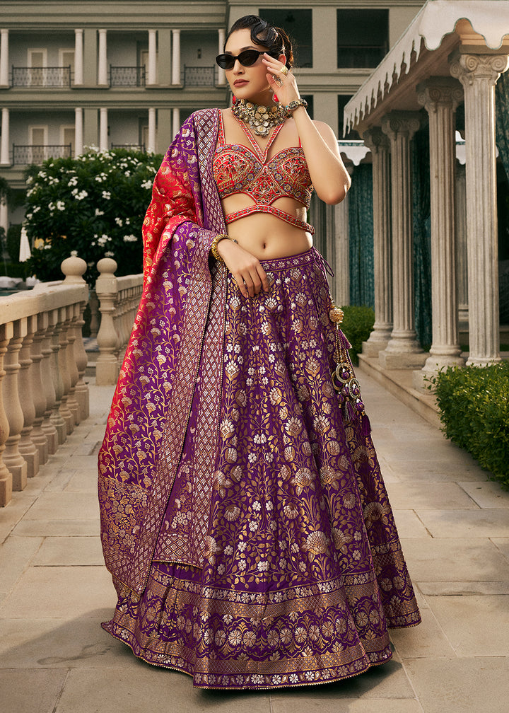 Grape Purple Bridal Lehenga Choli with Intricate Embroidery on Banarasi Silk