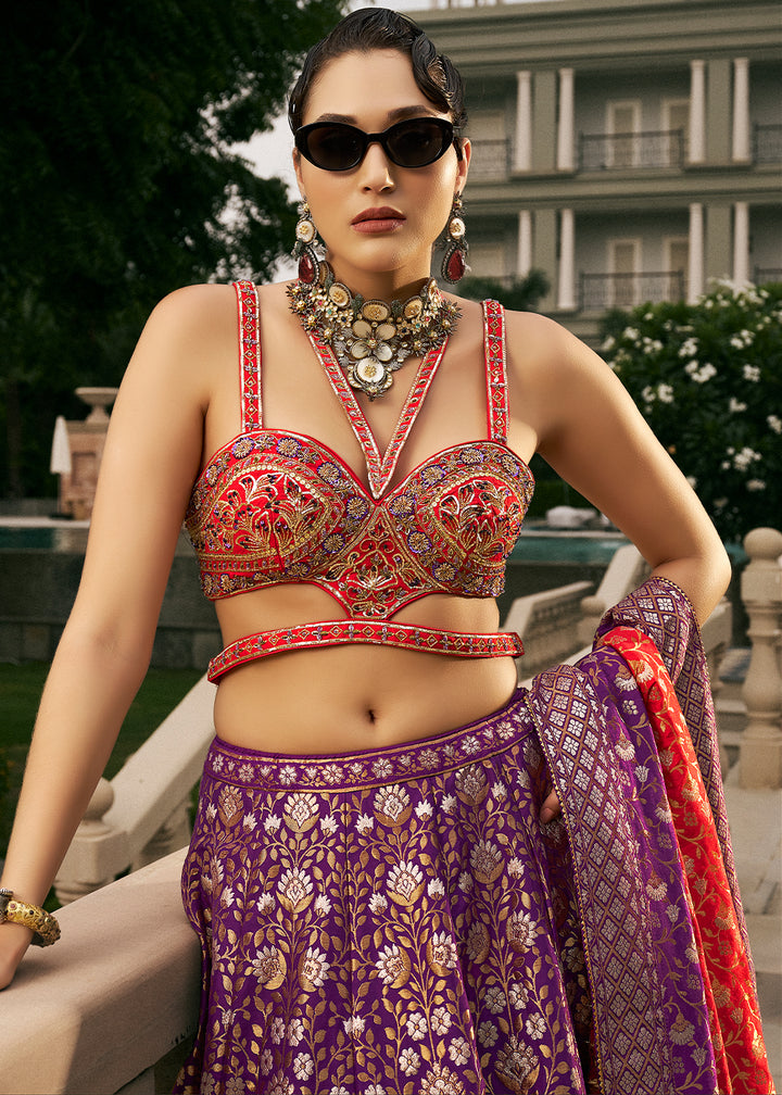 Grape Purple Bridal Lehenga Choli with Intricate Embroidery on Banarasi Silk