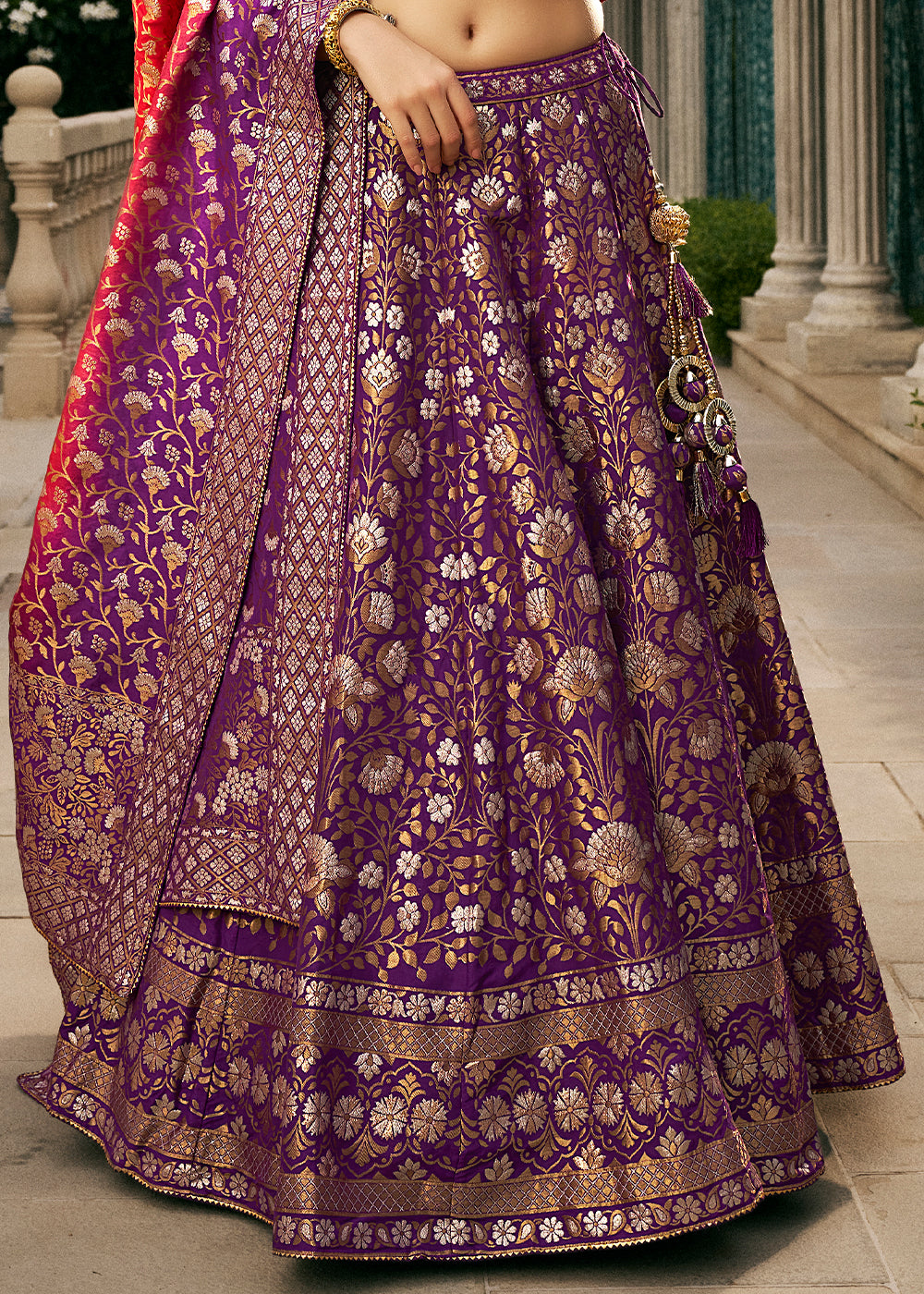 Grape Purple Bridal Lehenga Choli with Intricate Embroidery on Banarasi Silk