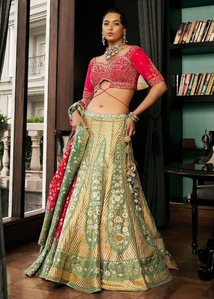 Green & Pink Bridal Lehenga Choli with Intricate Embroidery on Banarasi Silk