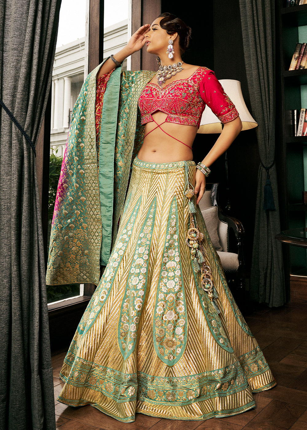 Green & Pink Bridal Lehenga Choli with Intricate Embroidery on Banarasi Silk