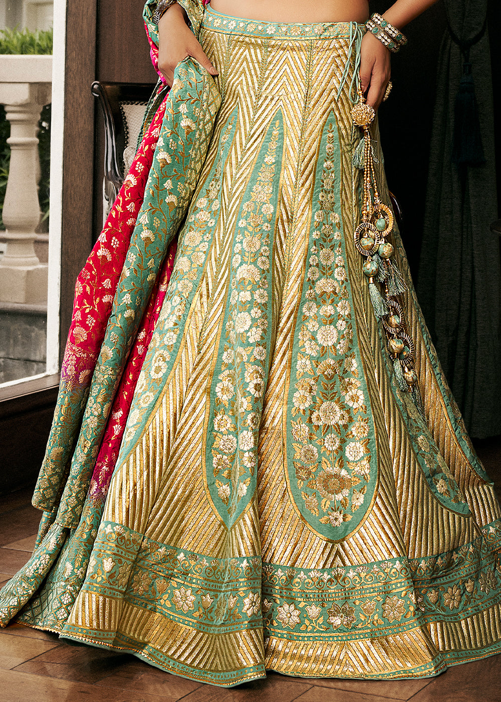 Green & Pink Bridal Lehenga Choli with Intricate Embroidery on Banarasi Silk