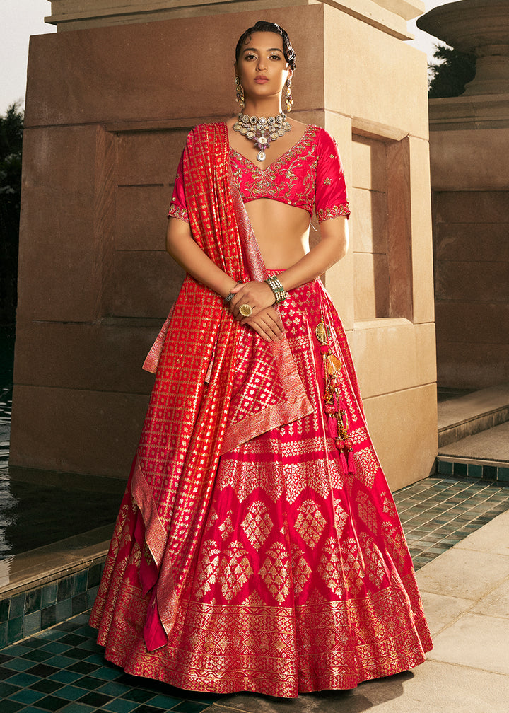 Hot Pink Bridal Lehenga Choli with Intricate Embroidery on Banarasi Silk