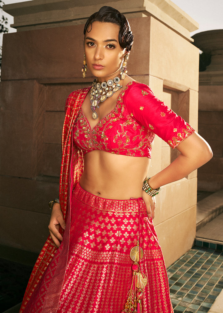 Hot Pink Bridal Lehenga Choli with Intricate Embroidery on Banarasi Silk