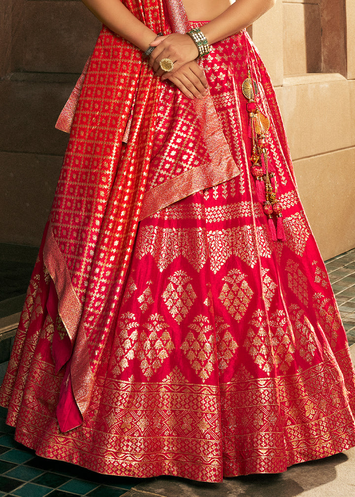 Hot Pink Bridal Lehenga Choli with Intricate Embroidery on Banarasi Silk