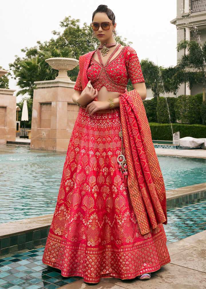 Beautiful Pink Bridal Lehenga Choli with Intricate Embroidery on Banarasi Silk