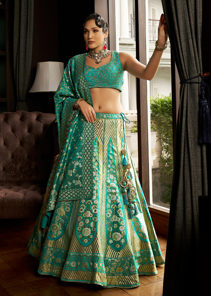 Persian Green Bridal Lehenga Choli with Intricate Embroidery on Banarasi Silk