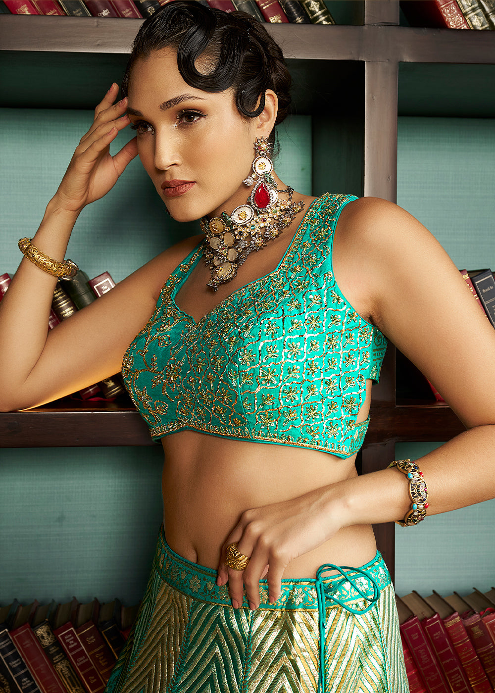 Persian Green Bridal Lehenga Choli with Intricate Embroidery on Banarasi Silk