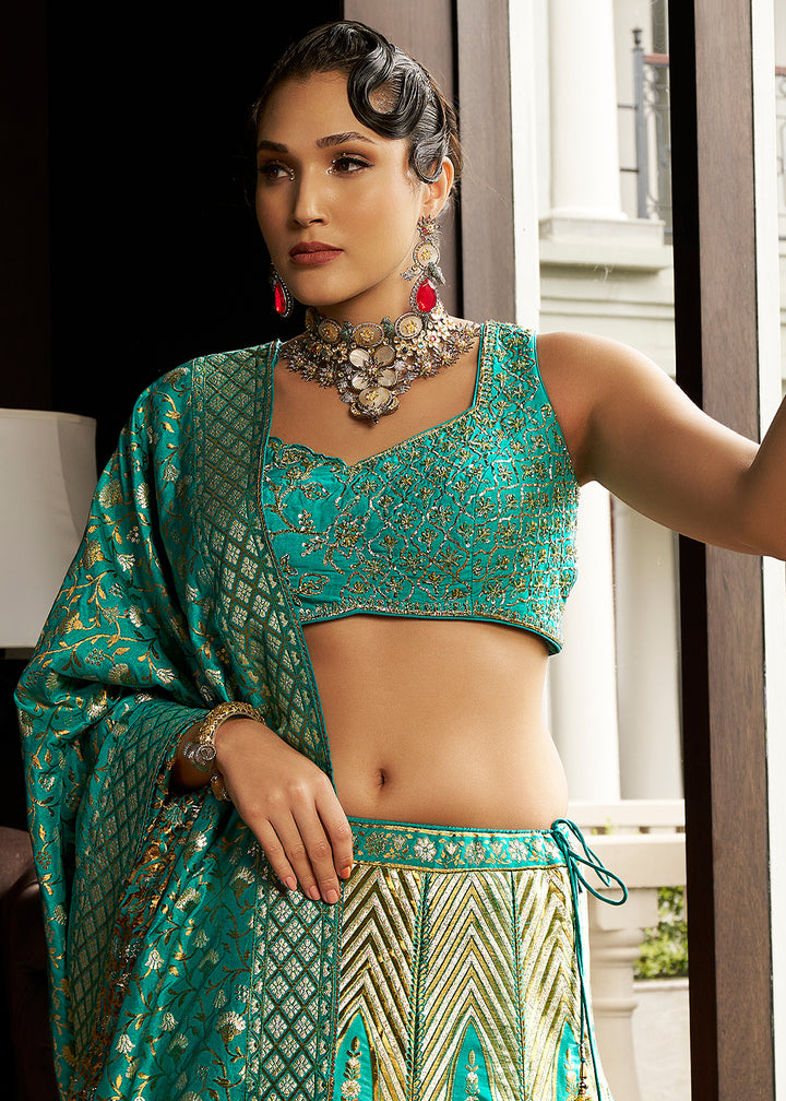 Persian Green Bridal Lehenga Choli with Intricate Embroidery on Banarasi Silk