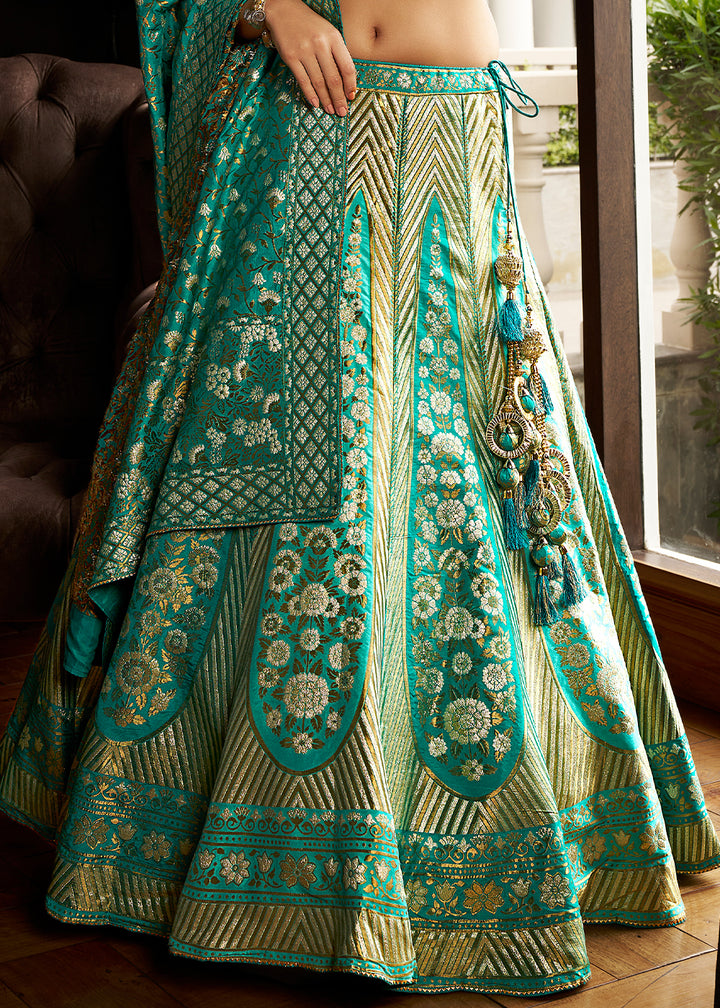 Persian Green Bridal Lehenga Choli with Intricate Embroidery on Banarasi Silk