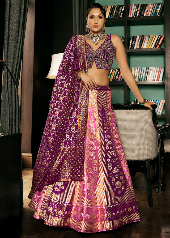 Shades of Purple Bridal Lehenga Choli with Intricate Embroidery on Banarasi Silk