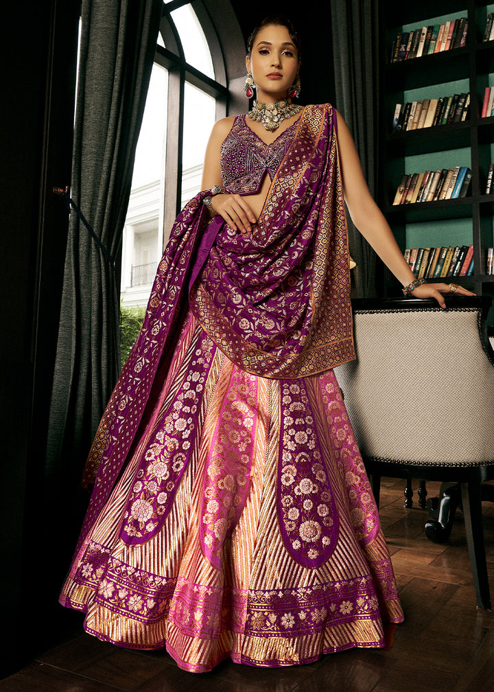 Shades of Purple Bridal Lehenga Choli with Intricate Embroidery on Banarasi Silk