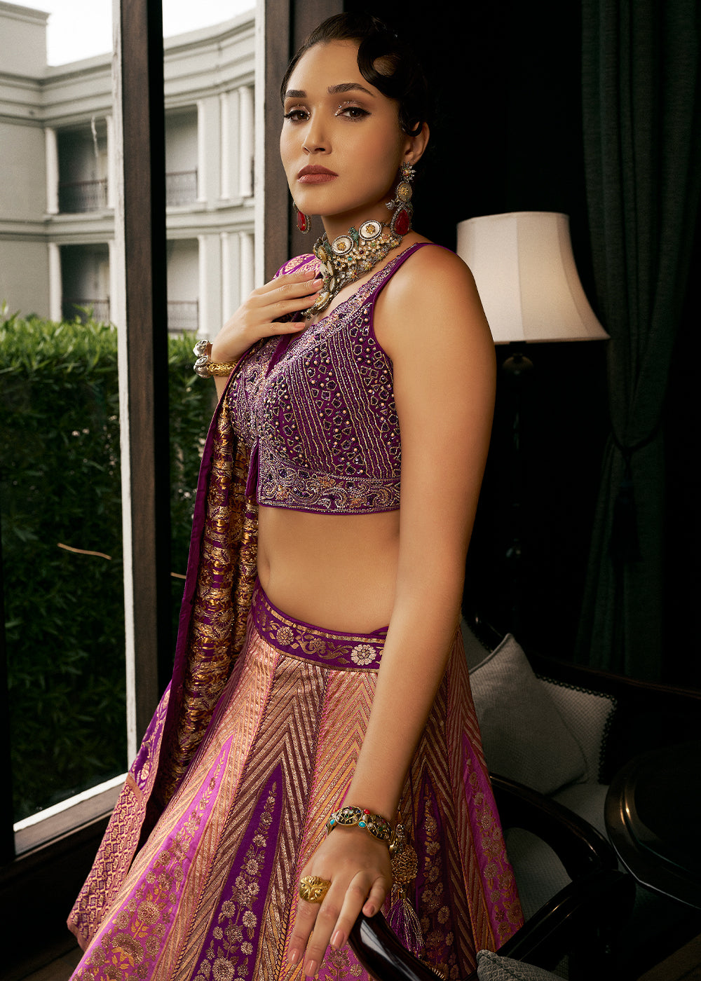 Shades of Purple Bridal Lehenga Choli with Intricate Embroidery on Banarasi Silk