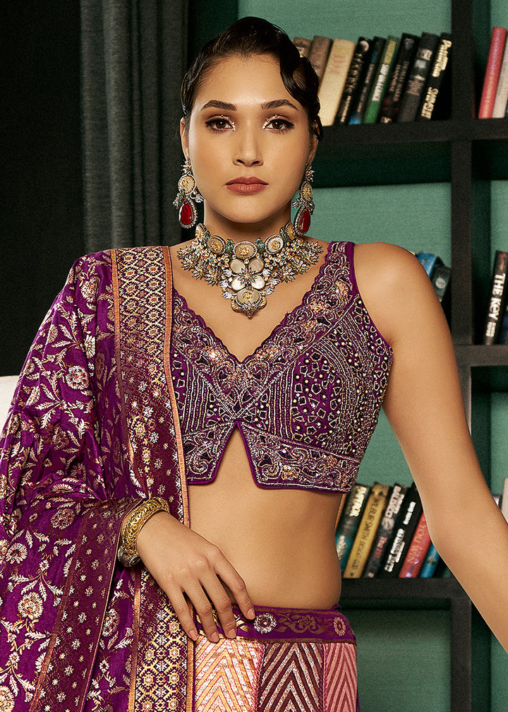 Shades of Purple Bridal Lehenga Choli with Intricate Embroidery on Banarasi Silk